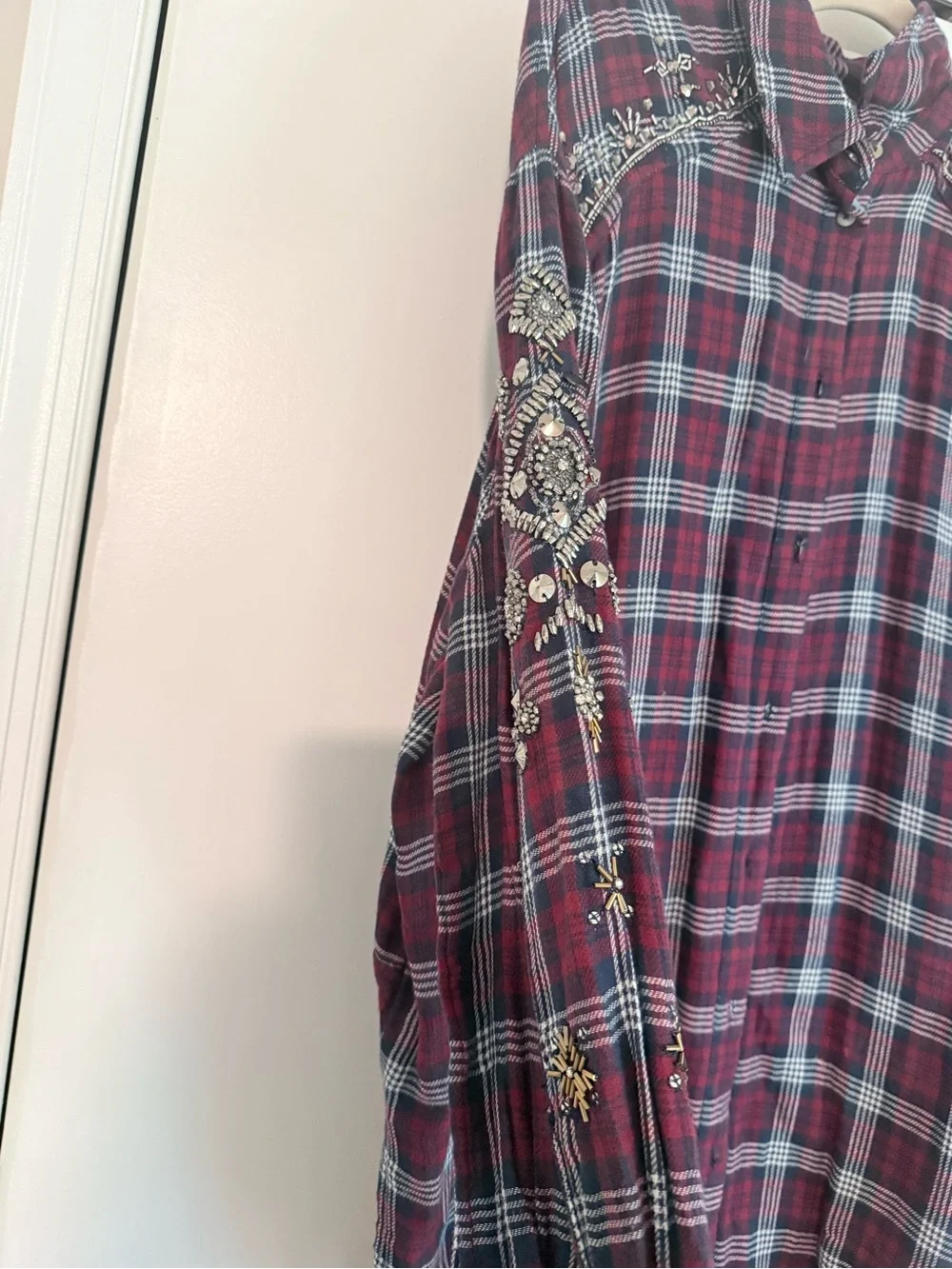 Free People Downtown Romance Embellished Plaid Button Down Shirt